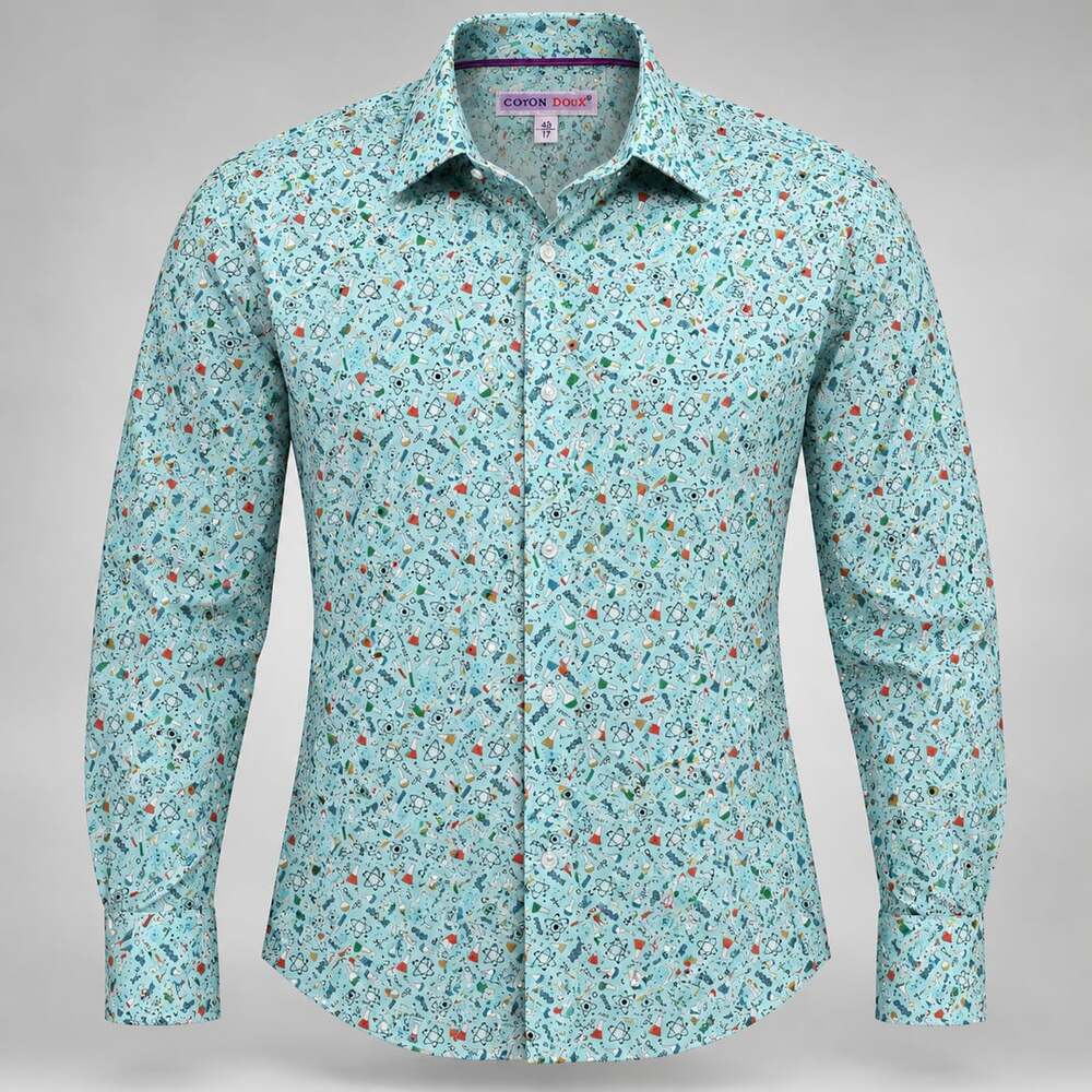 Coton Doux Science Print Dress Shirt Size 43 17 Long Sleeve Blue
